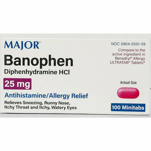 Banophen Diphenhydramine 25 mg, 100 Minitabs by Major