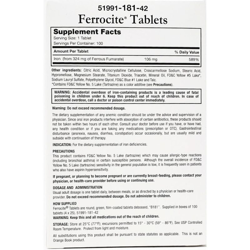 Ferrocite Iron Supplement 100 Tablets by Breckenridge Facts